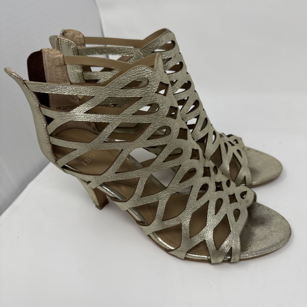 Isola Women's Shoes Gold Leather Open Lattice‎ Caged Sandal Heel Strappy Size 10